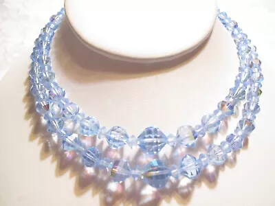 Buy Vintage 1940's Double Strand Pale Blue Aurora Borealis Crystal Beads Necklace • 10.09£