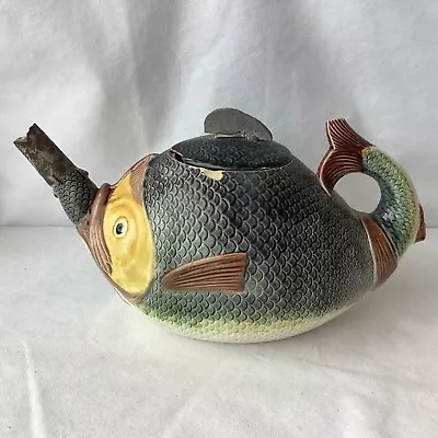 Buy Antique Majolica Fish Teapot C.1880 With Damage • 24.99£
