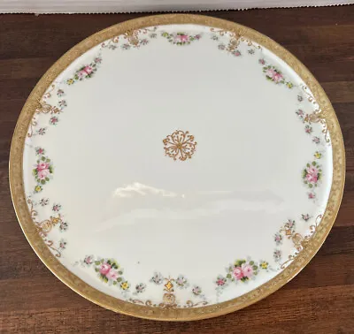 Buy HAND PAINTED NIPPON 12” Serving PLATE Platter WITH PINK ROSES GOLD GILT DESIGNS • 38.31£