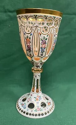 Buy Antique Moser Style Bohemian Floral Enameled 7 1/2” Cut Glass Wine Glass • 278.65£