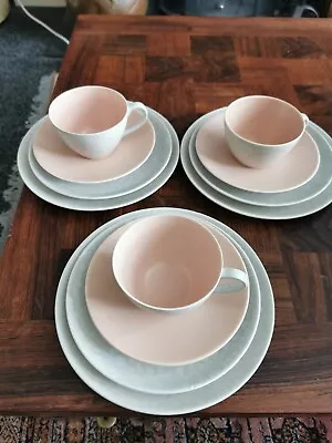 Buy POOLE POTTERY Twintone Peach Bloom/Seagull Grey C97 Tea Trio With Side Plates.  • 35£