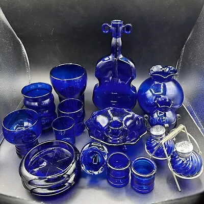 Buy Cobalt Blue Glass Vintage Lot Of 18 Pieces Miscellaneous Cup Vase Shakers Violin • 39.86£