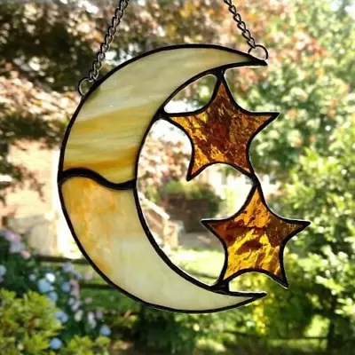 Buy YELLOW AMBER LUNA MOON AND STARS Australian Handmade Stained Glass SUNCATCHER • 48.86£