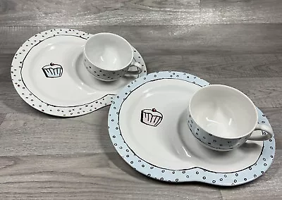 Buy Pair X 2 Laura Ashley Ceramic Tea Cup & Plate Set Blue/White Cupcake Design • 0.99£