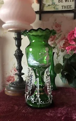 Buy Antique Green Glass Mary Gregory Mantle Lustre Bohemian Cut W/ Crystal Drops • 145£