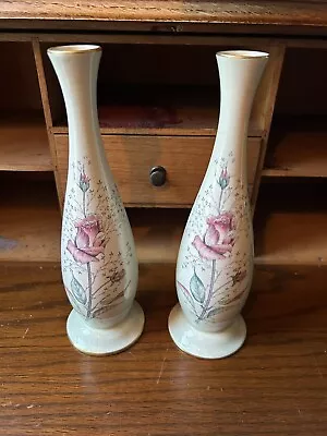 Buy Carlton Ware Hand Painted Pale Blue, Pair Of Roses Vases • 10£