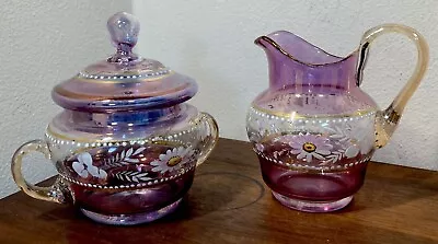 Buy Antique Bohemian Moser Enameled & Gilded Gold & Purple Glass Sugar &Creamer • 65.23£