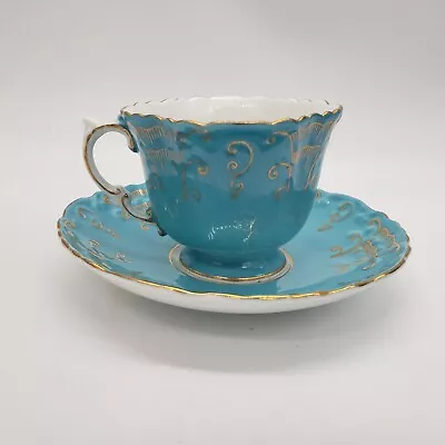 Buy Aynsley Bone China Floral Sea Foam Blue Ruffled Edge Square Teacup & Saucer • 59.74£