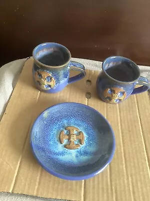 Buy 2 CANTERBURY POTTERY BLUE CHUBBY MUGS,With Matching Plate • 0.50£