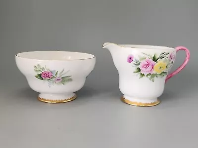 Buy Shelly Fine Bone China Vintage Floral Gilt Sugar Bowl And Creamer • 15£