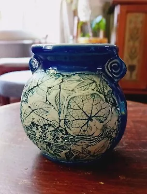 Buy Vintage Malaysia Tenmoku Pottery Blue Vase, Vessel, Handcrafted, Leaf Pattern • 12£