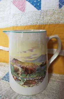 Buy ANTIQUE PITCHER Hand Painted Scene MOUNTAINS Stoneware BCM/NELSON WARE Cows • 32.62£