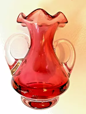 Buy SMALL VASE. Cranberry Glass, 2 Handles, Fluted Top. • 4.50£