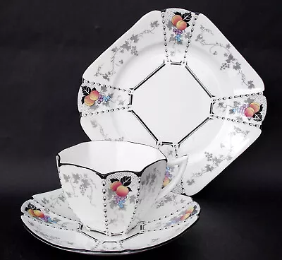 Buy SHELLEY PEACHES & GRAPES  PATTERN QUEEN ANNE SHAPE TRIO, C.1926 • 38.50£