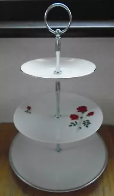 Buy 3 Tier Cake Stand Mismatched White Plates With Silver Trim And Red Roses • 10£