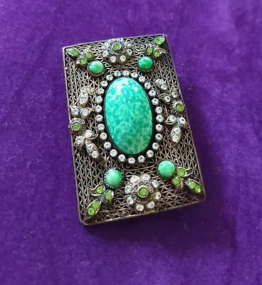 Buy Antique Art Deco Brooch Signed Ornate Bronze Filigree Green Peking Czech Glass  • 25£