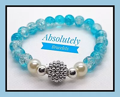 Buy Blue White Crackled Pearl Glass Bracelet Silver Crystal Centre  Beaded Stretch • 3.20£