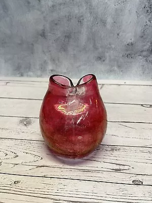 Buy MCM Vintage Blenko Hand Blown Art Crackle Glass Pinkish Pinched Double Vase 5  • 27.49£