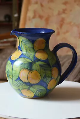 Buy Large Blue Hand Painted Pottery Jug Pitcher Oranges Or Lemons 1997 • 26.50£