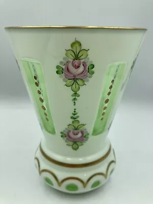 Buy Vtg Bohemian Czech Cased White Cut To Green Glass Vase Hand-painted Roses + Gold • 60£