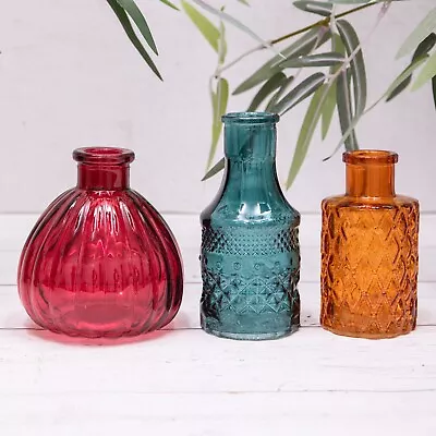 Buy 3 X Vintage Ribbed Glass Bottles Small Bud Posy Vases Teal Orange & Red Set • 12.95£