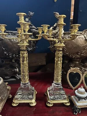 Buy Pair Gilt Bronze & Rock Crystal Glass Egyptian Style Candelabra Candlesticks • 2,200£