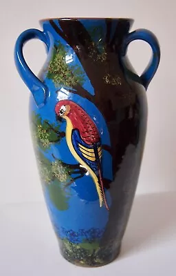 Buy Torquay Pottery Vintage Parrot In Relief On A Tree Three Handle Blue Vase • 15£