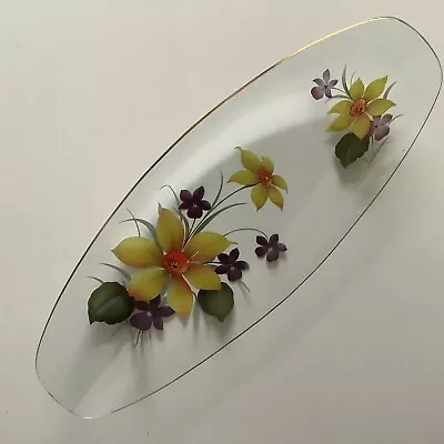 Buy Chance Glass 14” X 5.5” Dish Clear Daffodil Violets Painting Vintage 1960’s • 8£