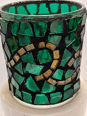 Buy Mosiac Crackled Glass Vase Votive Candle Tea Light Holder Green Gold • 7.92£