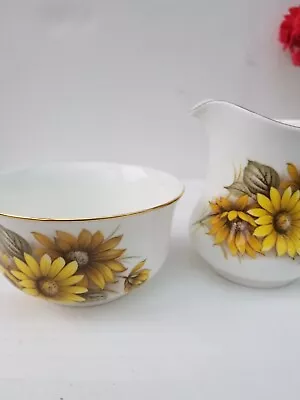 Buy Vintage Queen Anne  SUNFLOWERS  Bone China Milk Jug & Sugar Basin/Bowl • 4.95£