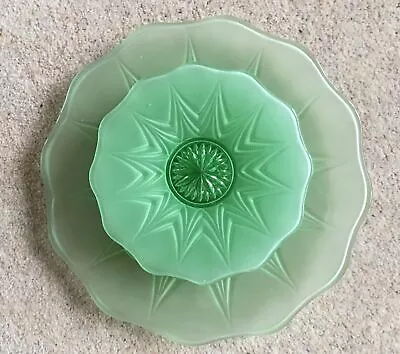 Buy Vintage Glassware Complete Cake Plate Set For Six, Green Pressed Frosted Glass • 39.99£