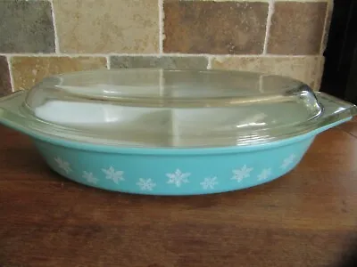 Buy Vintage Pyrex Gaiety Blue Snowflake Divided Vegetable Dish Oval With Lid • 14£