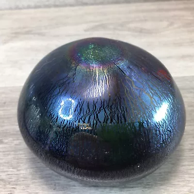 Buy Pretty Iridescent Art Glass Paperweight, Textured Blue, Unsigned 10cm Wide • 16£