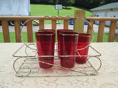 Buy Vintage 1930's 5 Ruby Red Hand Painted Gold Trim Glasses Barware With Caddy • 26.09£