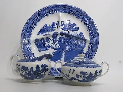 Buy Churchill  Blue Willow  Divided Plate, Creamer, Covered Sugar Bowl England EUC • 29.82£