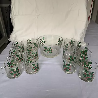 Buy Vintage INDIANA Glass Holly & Berries Christmas Tumblers Bowl Holiday Set Of 13 • 37.27£