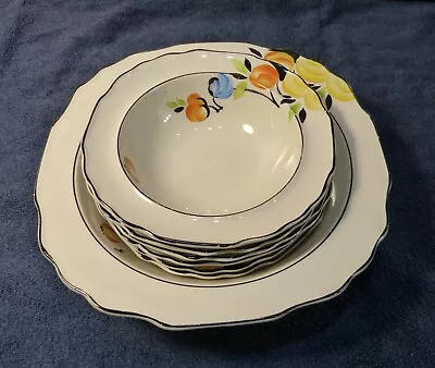 Buy Vintage Myott Son & Co, Art Deco Serving Bowl, & 6 Dessert Bowls Hand-painted. • 15.70£