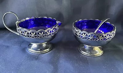 Buy Vintage Cobalt Blue  And Chrome Jug And Jam Or Cream Dish With Spoon • 11.99£