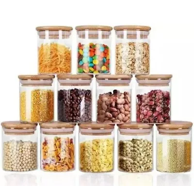 Buy Set Of 12 Airtight Glass Storage Jars Bamboo Lid Rice Grain Food Container 250ml • 49.99£