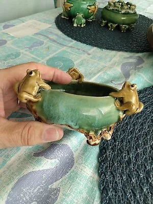 Buy Beautiful Majolica Style Pottery Frog Design Small Footed Planter Bowl 3 Frogs • 23.29£