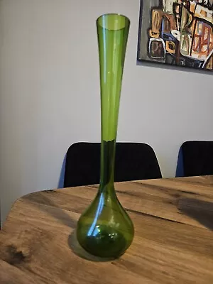 Buy Vintage Green Glass Vase Long Slim Neck Italian? Scandinavian? Swedish? • 7.99£