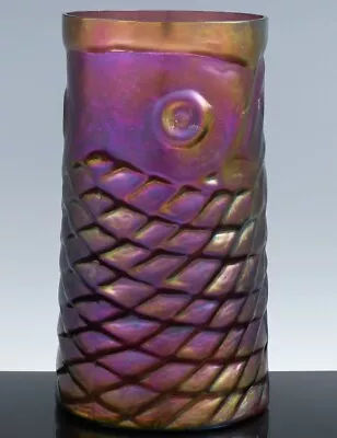 Buy Fine 1999 Signed John Cook American Studio Iridescent Art Glass Fish Design Vase • 51.26£