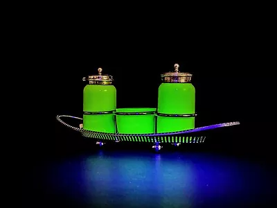 Buy John Walsh Walsh Primrose Yellow Uranium Glass Cruet Set & EPNS Stand • 55£