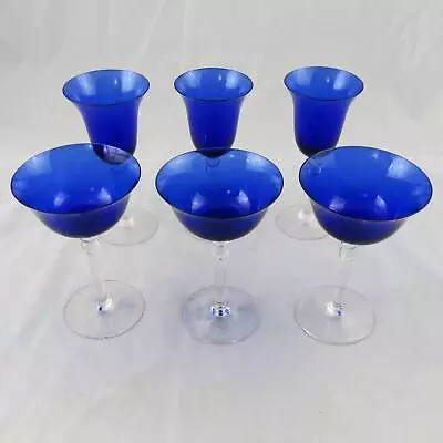 Buy 6 Vintage Cobalt Blue Double Ball Stem Glasses 5-7/8  & 6-1/2  • 19.56£
