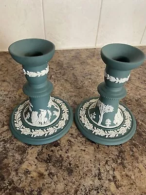 Buy Wedgwood Spruce Green Jasperware Candlestick Holders X 2 • 38£