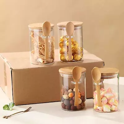Buy Glass Food Storage Jar With Bamboo Lid And Spoon Canister Clear 600ml Sugar • 27.76£