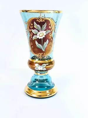 Buy Bohemian Czech Pale Blue Glass Vase Hand Painted • 28£