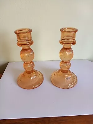 Buy Retro Style Amber Coloured Glass Candle Sticks • 13£