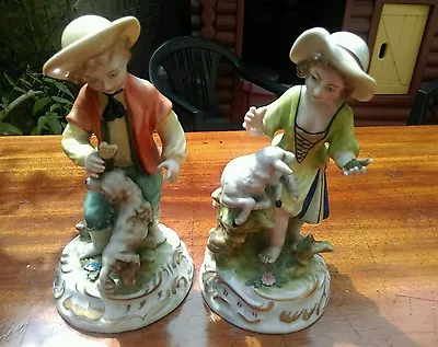 Buy  Dresden Vintage  Porcelain China Boy And Girl Lamb Dog Figures Stamped On Base • 149.99£