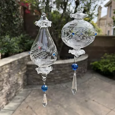 Buy Hand Blown Clear Etched Glass Ornaments, With Rhinestones & Prism 9” Set Of 2 • 13.42£